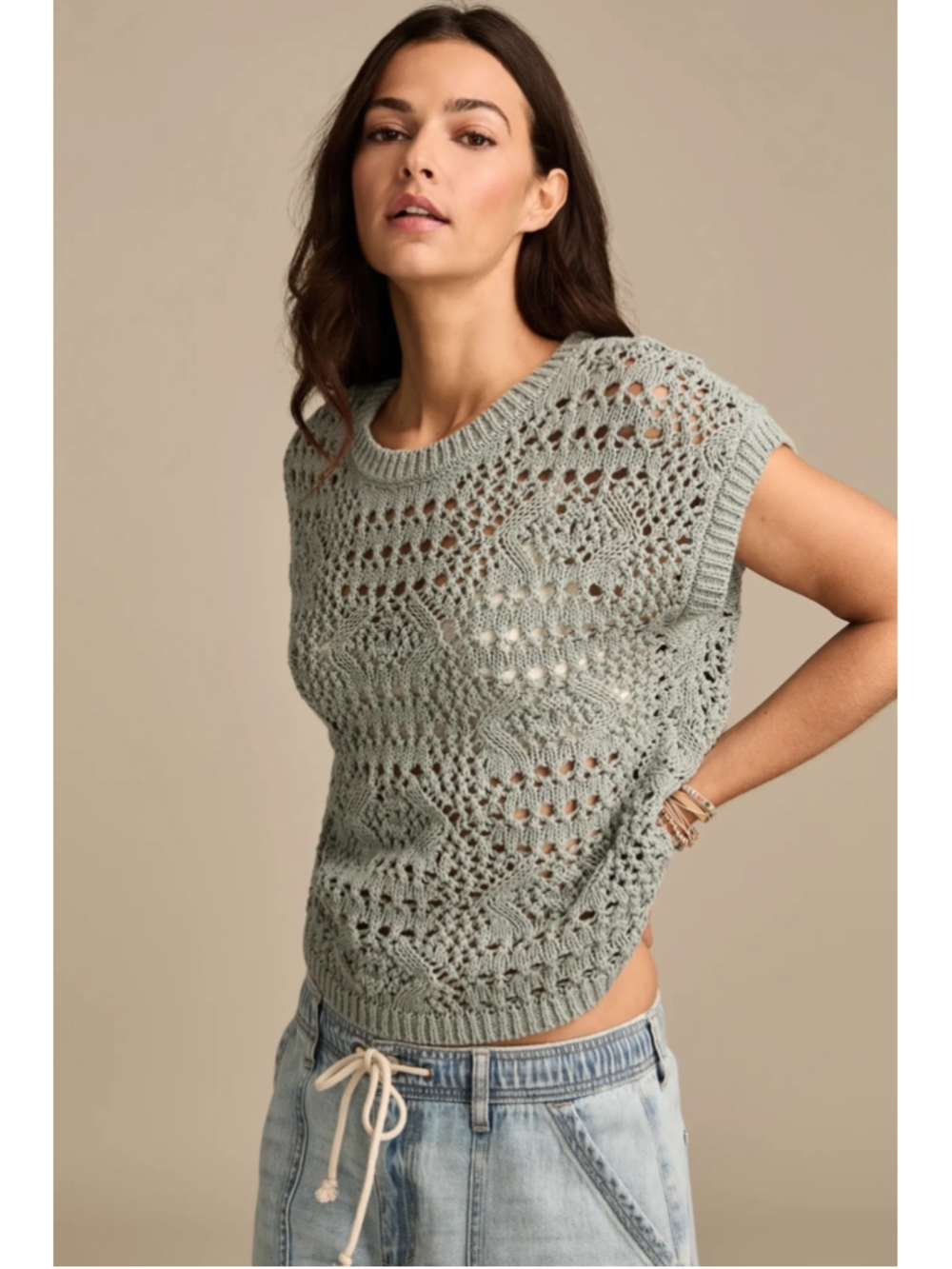 Women's Lucky Brand Green Crochet Knit Crew Neck Sweater Size L - Picture 3 of 10